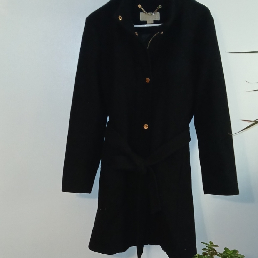 Michael Kors Womens Black Wool Peacoat Zip, Snaps And Belted Waist Sz: Petite Xl